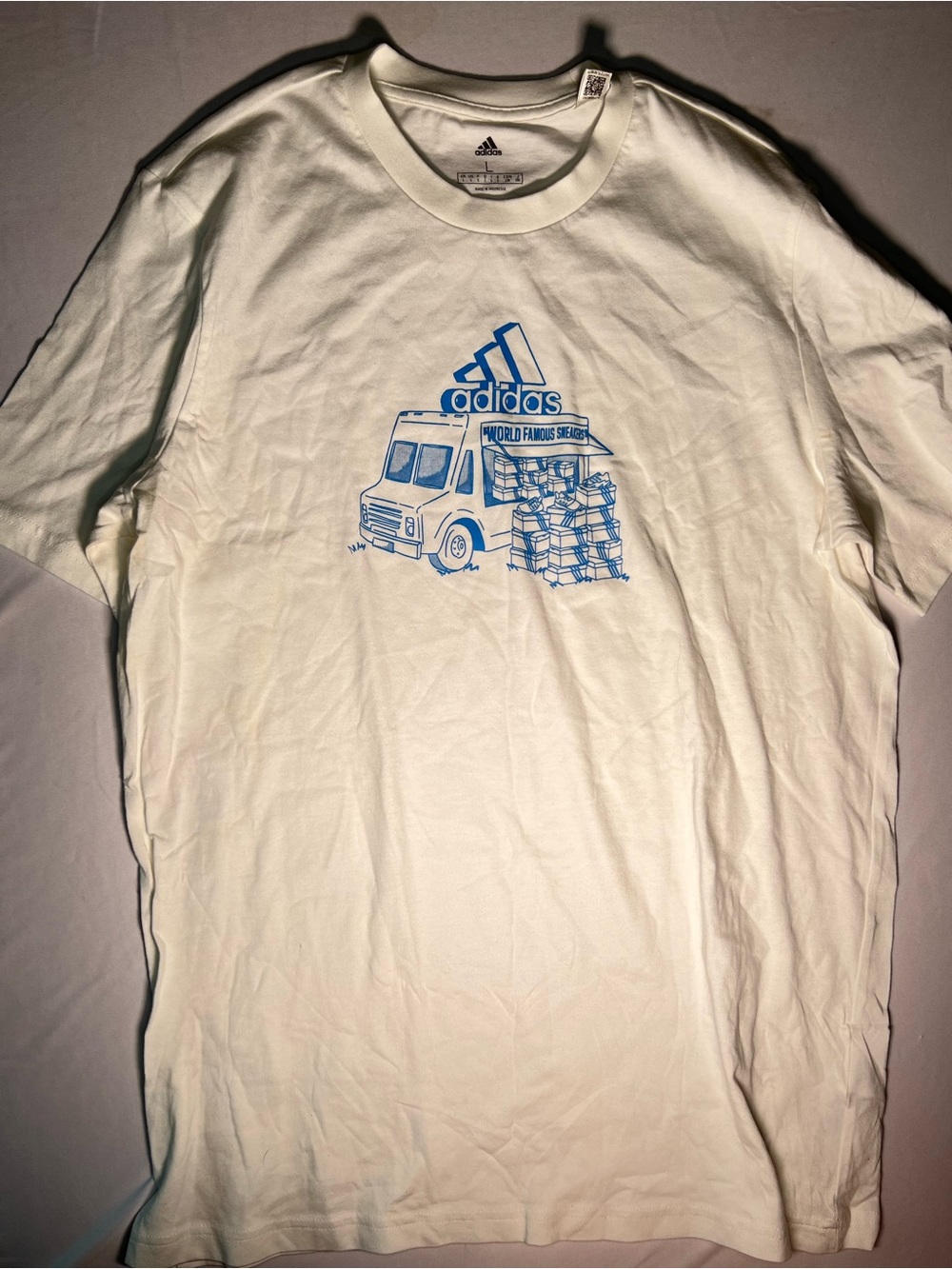adidas Off-White Tee with Blue Graphic Truck Print